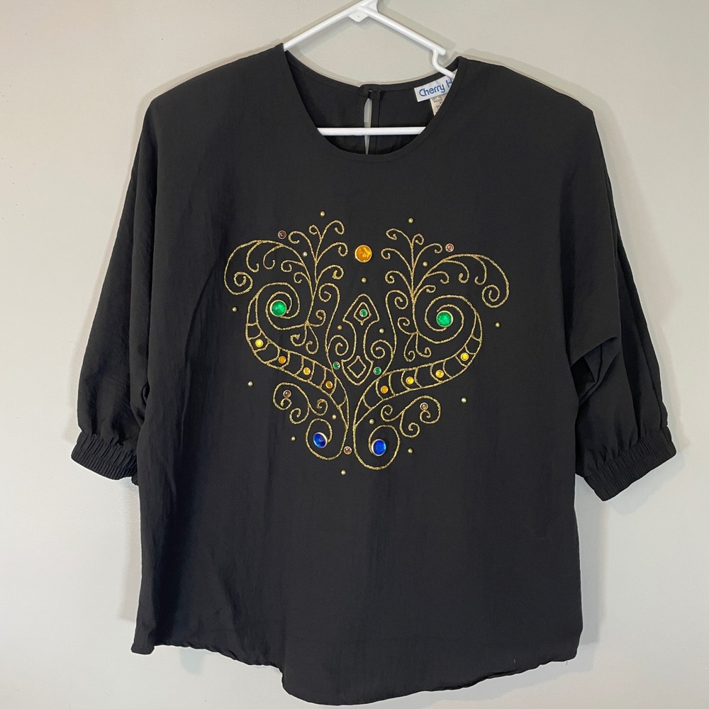 Cherry Hill Vintage Black Blouse XL Gemstone Gold Glitter Scrollwork USA 80s